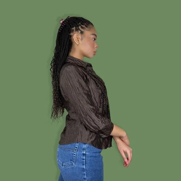 Brown Sheer Ruffle Button Up - Picture 4 of 5